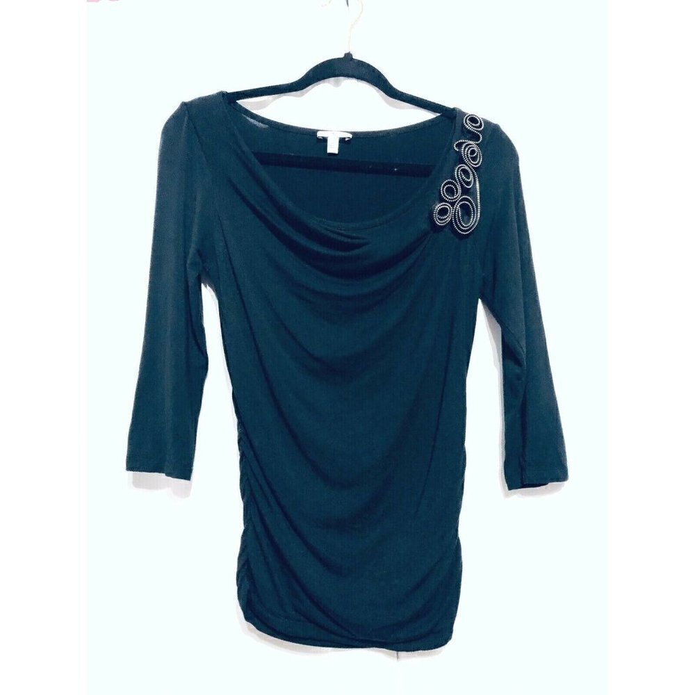 Cache Womens Small Black Zipper Accent Scoop Neck 3/4 Sleeves Blouse